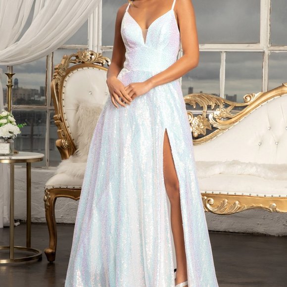 WHITE PROM PARTY Illusion Sweetheart Sequin A-line Dress w/ Side Slit GL - Picture 1 of 5
